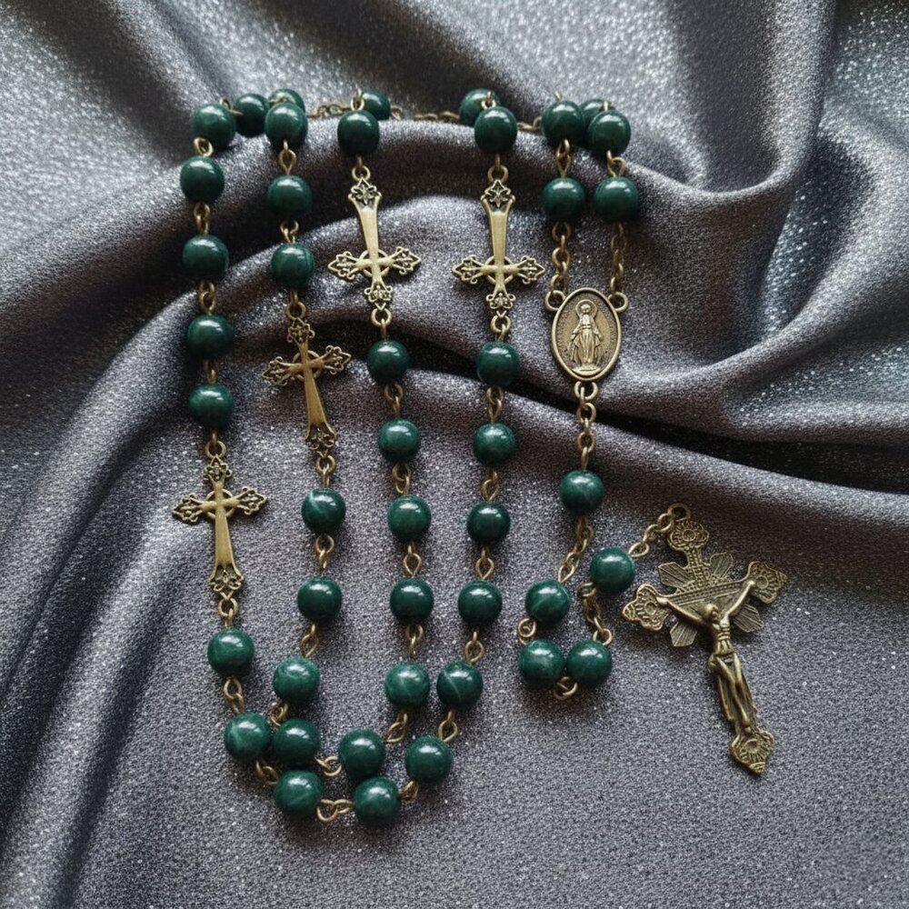 Dark Green Beaded Rosary Antique Brass Crosses Necklace NWOT - Picture 4 of 10